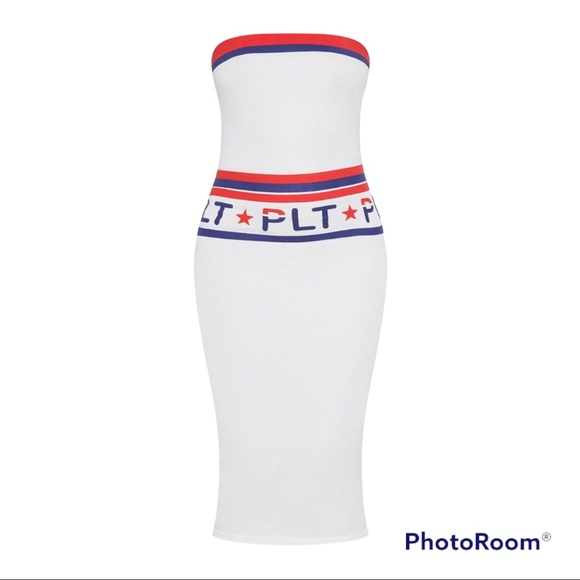 Pretty Little Thing White Graphic Bandeau Bodycon Dress - Picture 5 of 12
